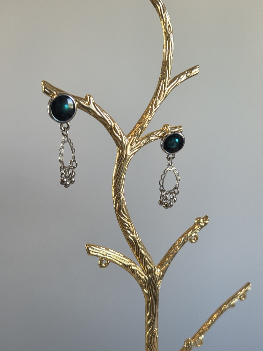 Silver Drop Earrings with Emerald Cabochon